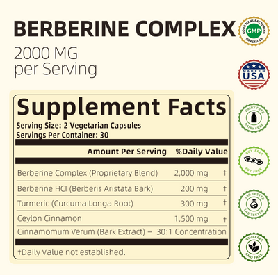 Berberine 2000mg, 3-in-1 Herbal Formula with Turmeric & Ceylon Cinnamon